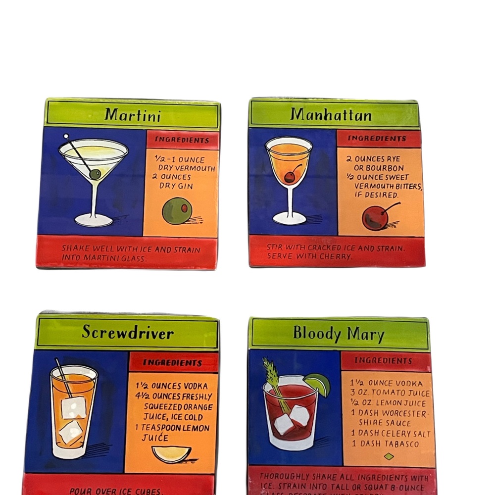 ❤️ CRATE & BARREL PAINTED DRINK RECIPE COASTERS SET OF 4 NEW